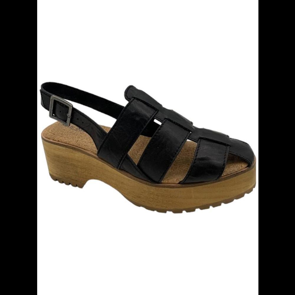 Kelsi Dagger Black Leather Woven Slingback Platform Sandals
